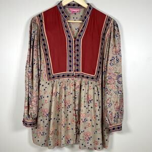 Woman Within Burgundy and Beige Floral Blouse
